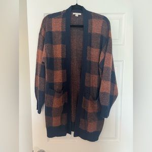 american eagle, small, brown and blue plaid cardigan